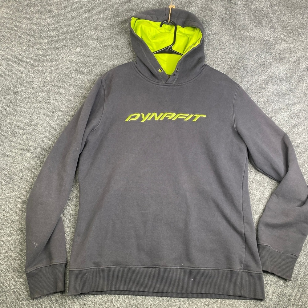 Dynafit Logo Cotton Hoodie Mens Medium Grey Lime Green Pullover 070532